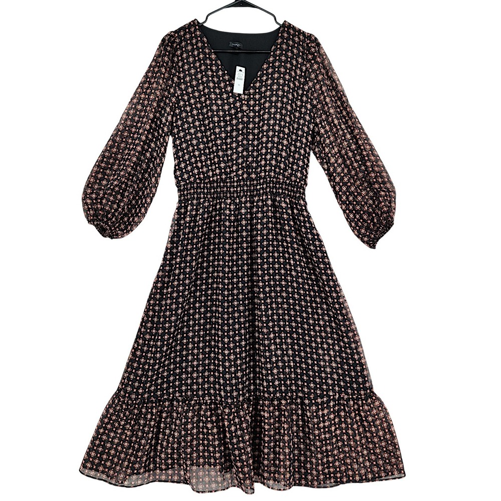 Talbots Midi Dress 10 Tiered Boho Peasant Black Geometric Metallic Smocked Waist